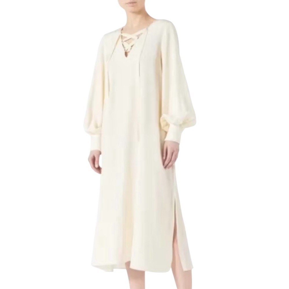 Tibi Romantic Silk Balloon Sleeve Lace Up V-Neck Midi Dress Women Small